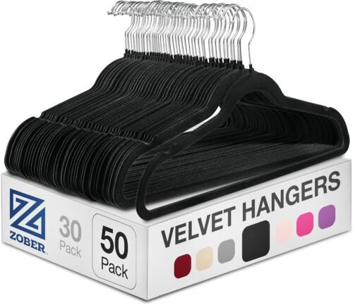 Zober Velvet Hangers 50 Pack – Heavy Duty Black Hangers for Coats, Pants & Dress Clothes – Non Slip Clothes Hanger Set – Space Saving Felt Hangers for Clothing