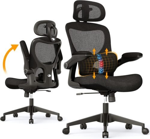 SUNNOW Ergonomic Office Chair, Comfy Mesh Desk Chair, High Back Computer Gaming Chairs with Adjustable Lumbar Support, Flip-Up Arms, Headrest, Tilt Function, Wide Cushion, Swivel Wheel, BIFMA Quality