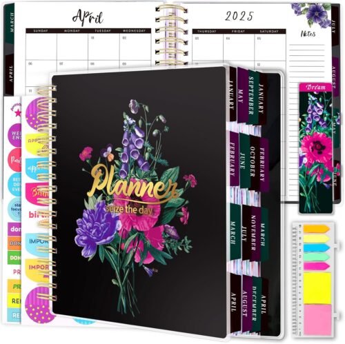 Planner 2025-2026, 18 Months Large Academic Daily Weekly Monthly Planner Organizer, Jan. 2025 – June 2026, 8.5×9.8″ Agenda with Page Tabs, Separator Page, Pocket Folder, Bookmark, Stickers & Sticky Note Set