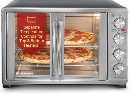 Elite Gourmet ETO-4510M French Door 47.5Qt, 18-Slice Convection Oven 4-Control Knobs, Bake Broil Toast Rotisserie Keep Warm, Includes 2 x 14″ Pizza Racks, Stainless Steel