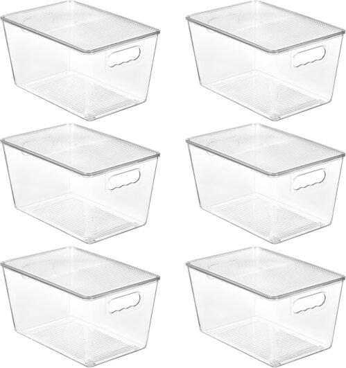 Vtopmart 6 Pack Clear Stackable Storage Bins with Lids, Large Plastic Containers with Handle for Pantry Organizer and Storage,Perfect for Bathroom,Cabinet,Kitchen,Fridge,Closet Organization