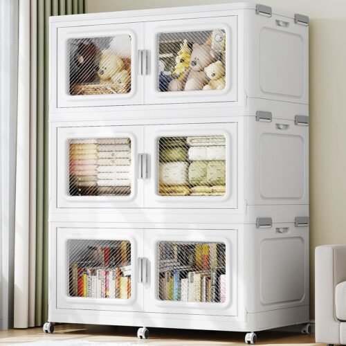 165Gal Extra Large Storage Bins with Lid, 660Qt Plastic Stackable Storage Bins with Wheels, Collapsible Closet Organizer and Storage Drawers for Cabinet, Bedroom, Office, 3 Pack