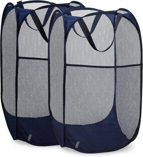 Handy Laundry Collapsible Mesh Pop Up Hamper with Wide Opening and Side Pocket – Breathable, Sturdy, Foldable, and Space-Saving Design for Clothes and Storage. (Blue | 2-Pack)