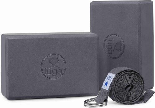 IUGA Yoga Blocks 2 Pack With Strap Non Slip High Density 9″x6″x3″ Solid & Cork Yoga Block With Yoga Strap to Improve Strength Balance for Yoga Pilates Meditation