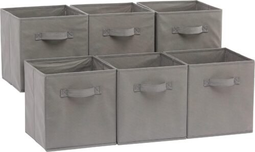 Amazon Basics Cube Organizer Storage Bins Handles, Collapsible Fabric, Pack of 6, 10.5″x10.5″x11″, Gray